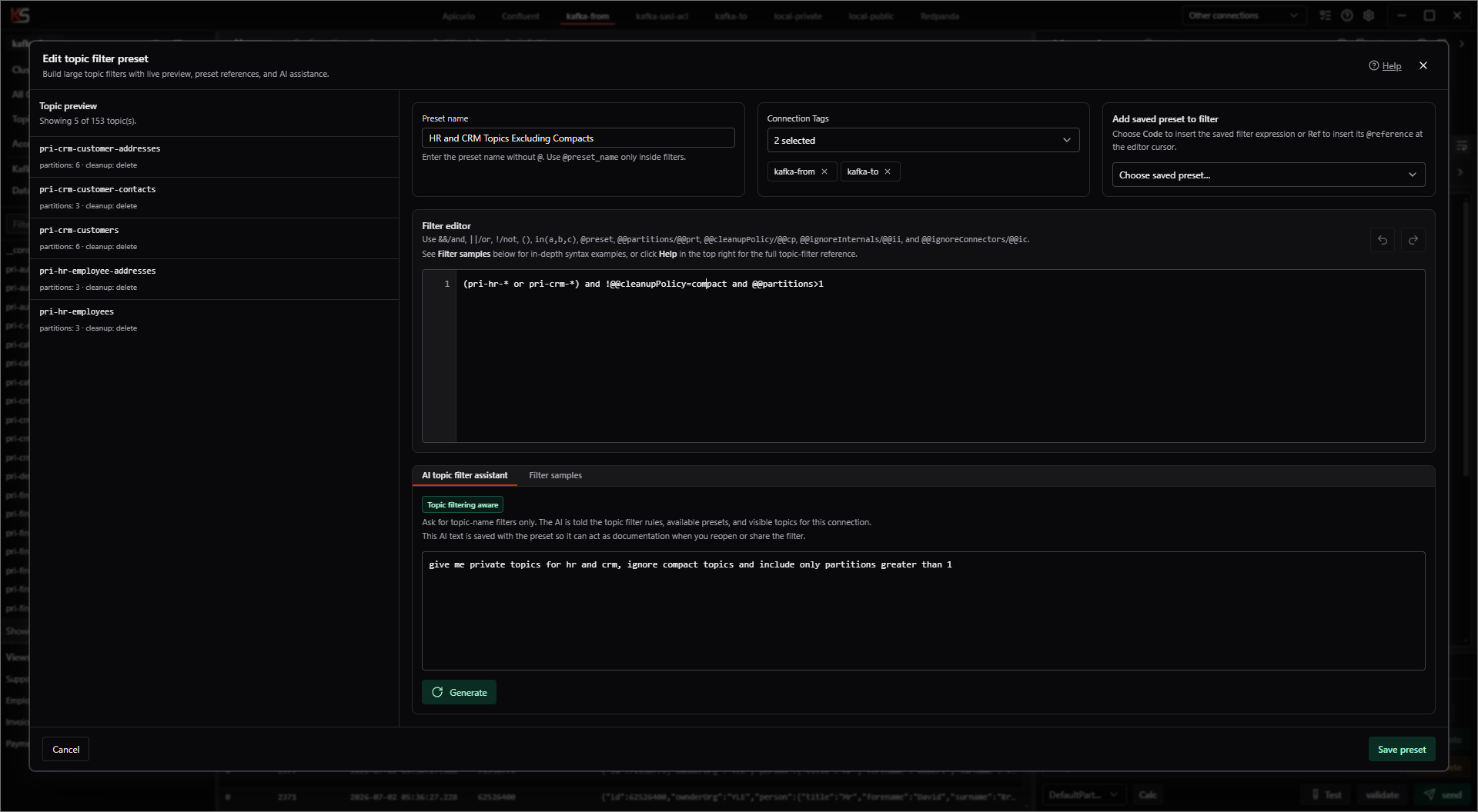 Kafka Streamyard Topic Filter Builder showing filter editor, preview, and AI assistance
