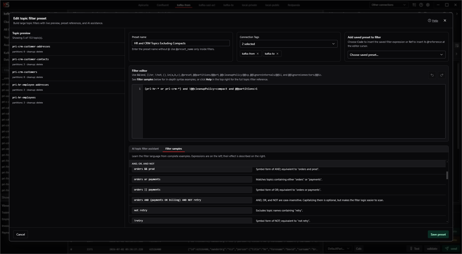Kafka Streamyard Topic Filter Builder samples tab with topic filter examples