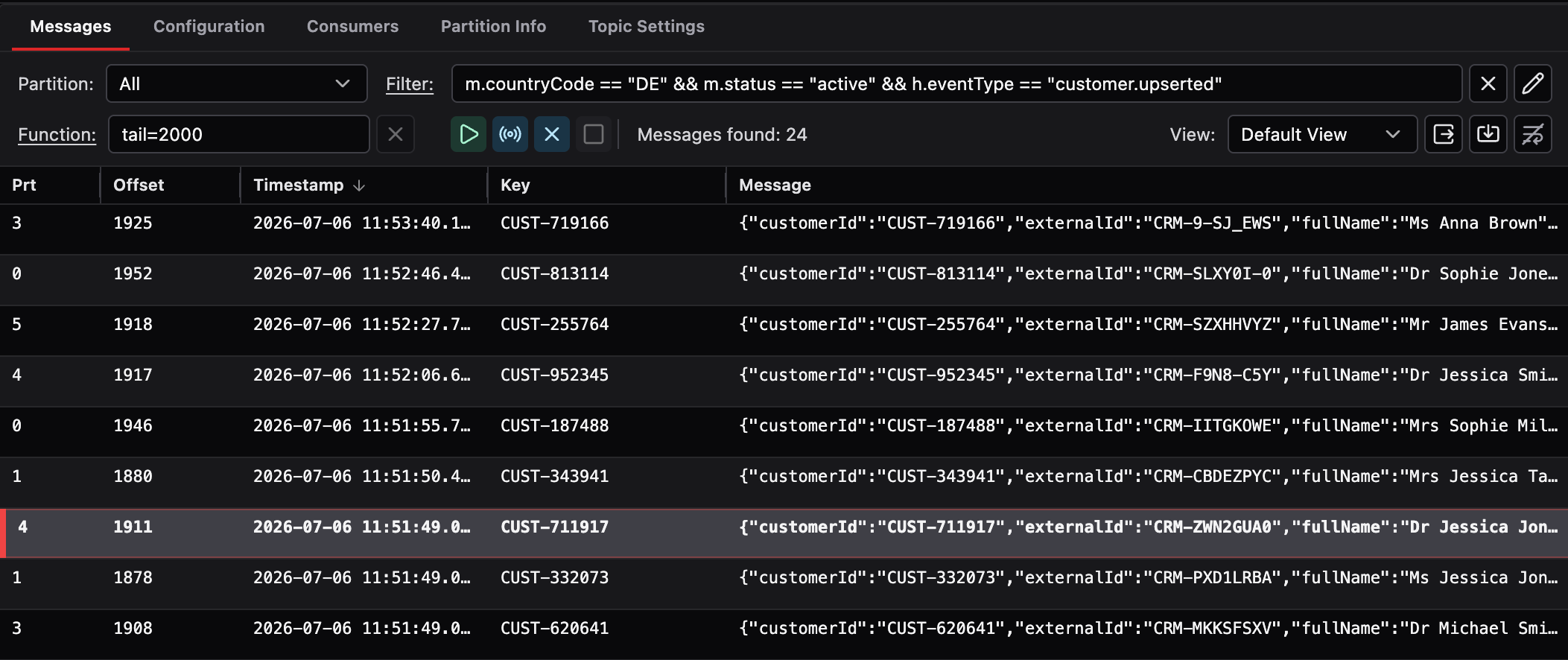Kafka Streamyard result controls showing partition selection, filter history, offset functions, live feed, and import/export actions.