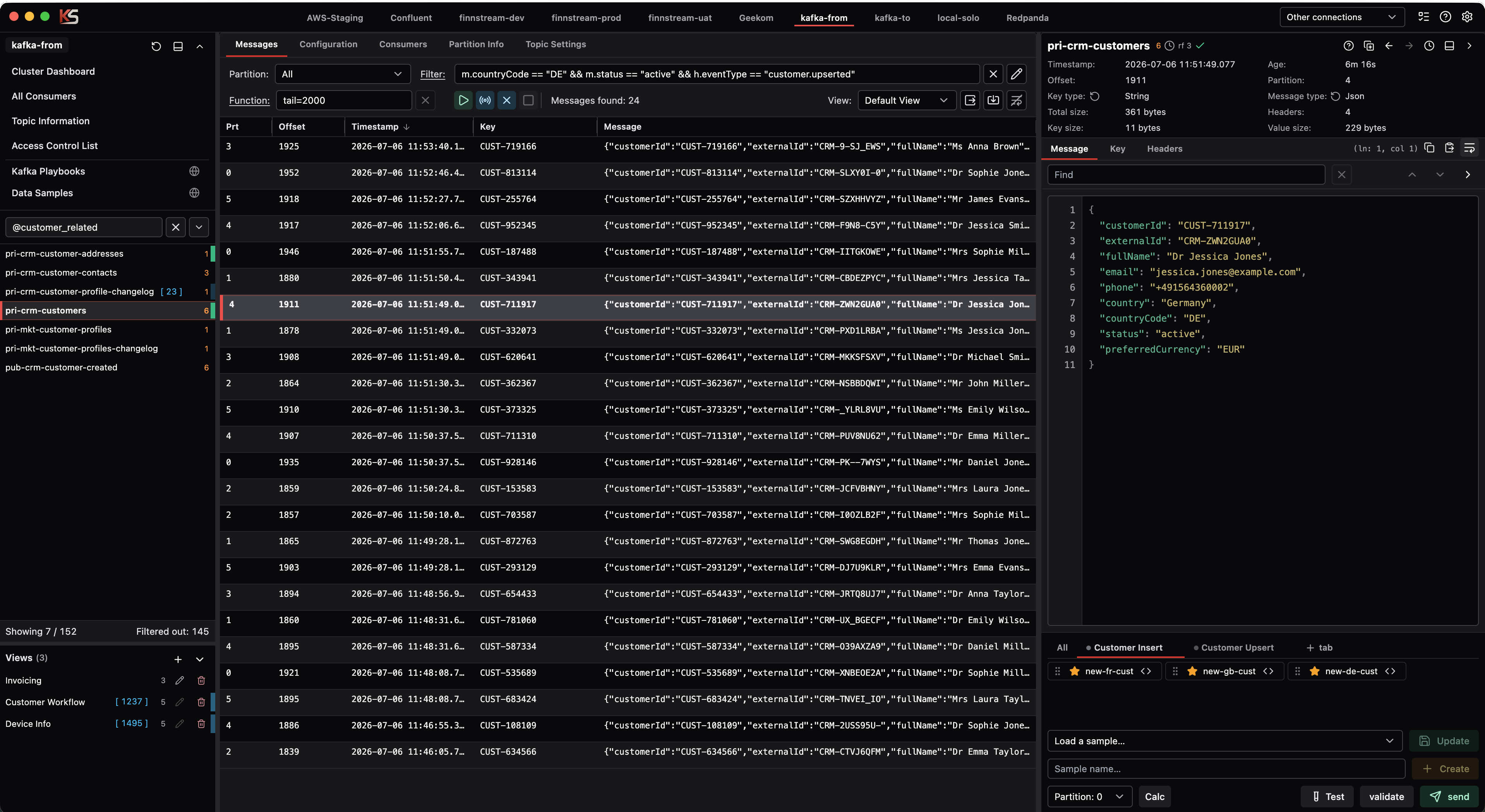 Kafka Streamyard main screen showing the left navigation and topic list, the center result controls and results table, and the message details panel on the right.