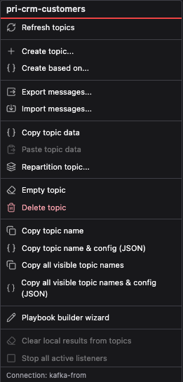 Kafka Streamyard topic list context menu showing topic actions such as create, import, export, copy, repartition, delete, and playbook tools.