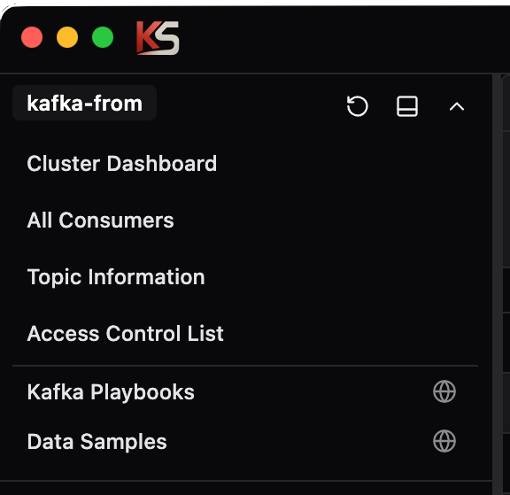 Kafka Streamyard top-left static navigation links including dashboard, consumers, topic information, playbooks, and data samples.
