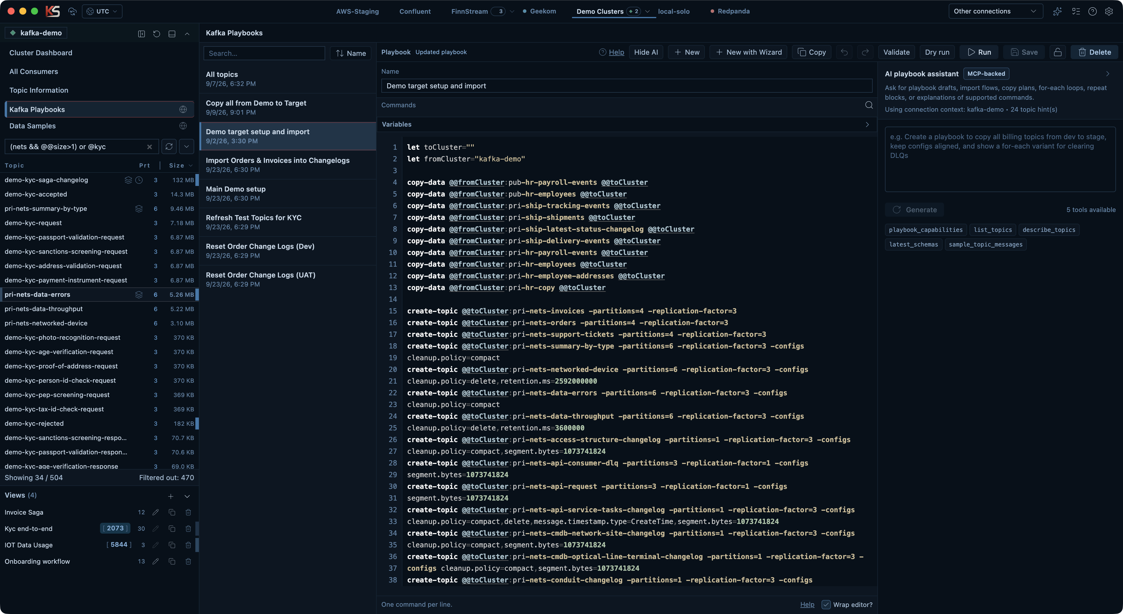 Kafka Streamyard Playbooks workspace with reusable Kafka automation commands and AI assistance