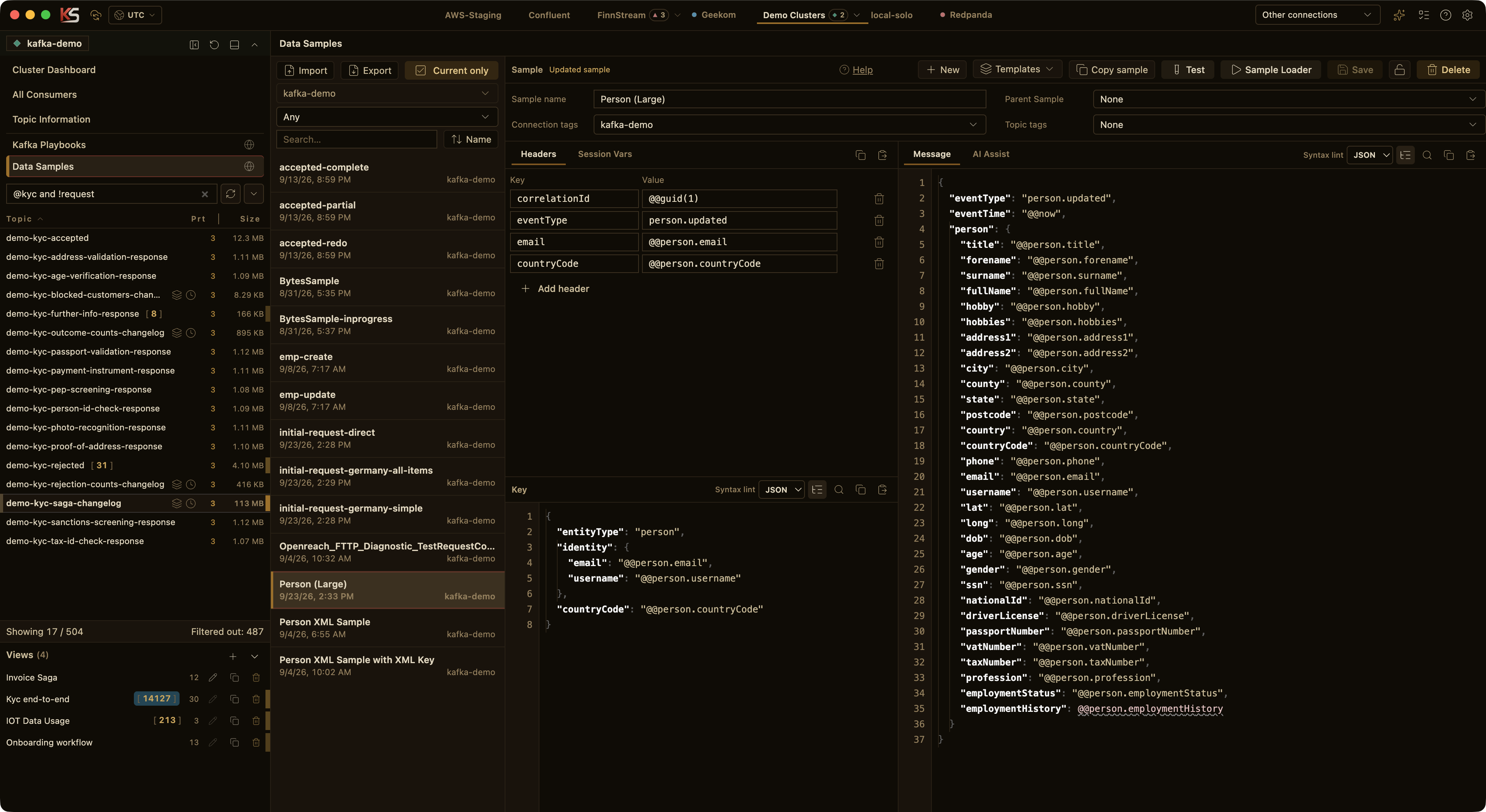 Kafka Streamyard sample message builder with headers, keys, and a structured JSON payload